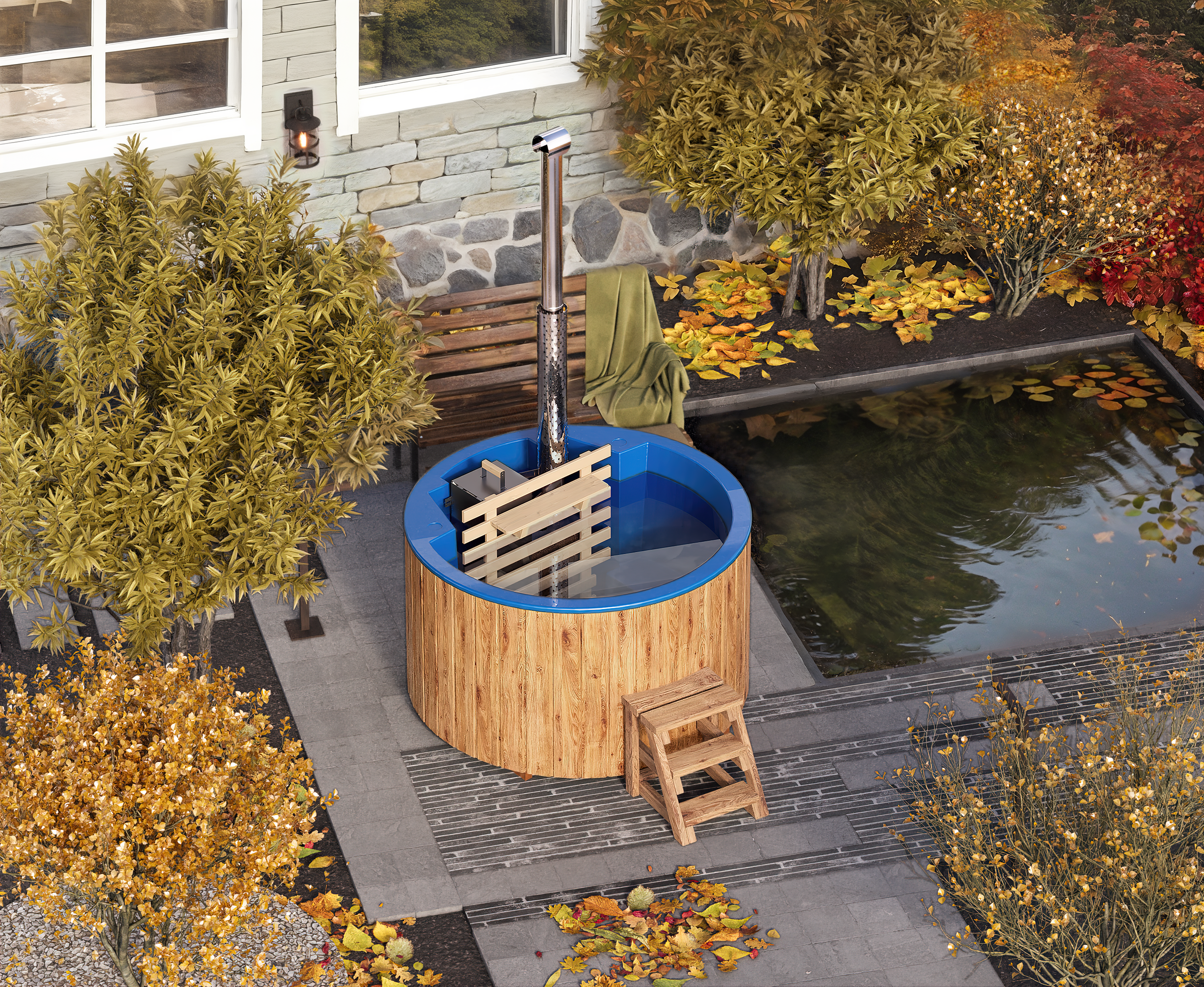 Vildmarksbad Fiberglas Round - Ø1,8m - Indvendig ovn - 3 personer