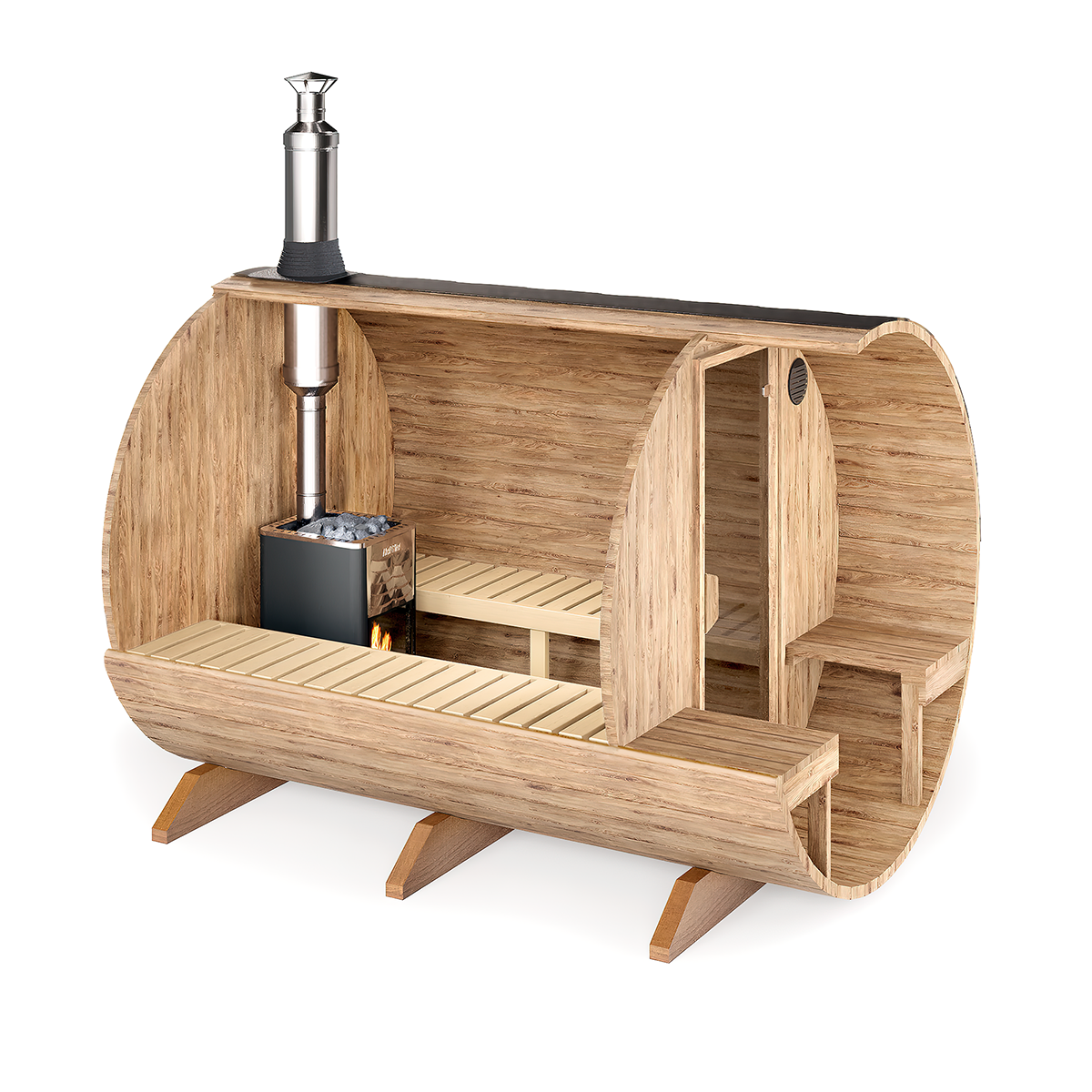 Outdoor Barrel Sauna - Ø2m/L2,8m - med udendørs siddepladser - 4 personer