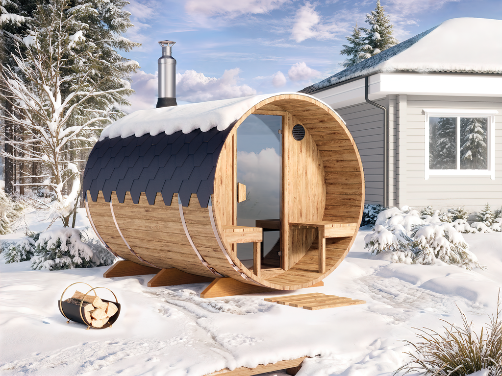 Outdoor Barrel Sauna - Ø2m/L2,8m - med udendørs siddepladser - 4 personer