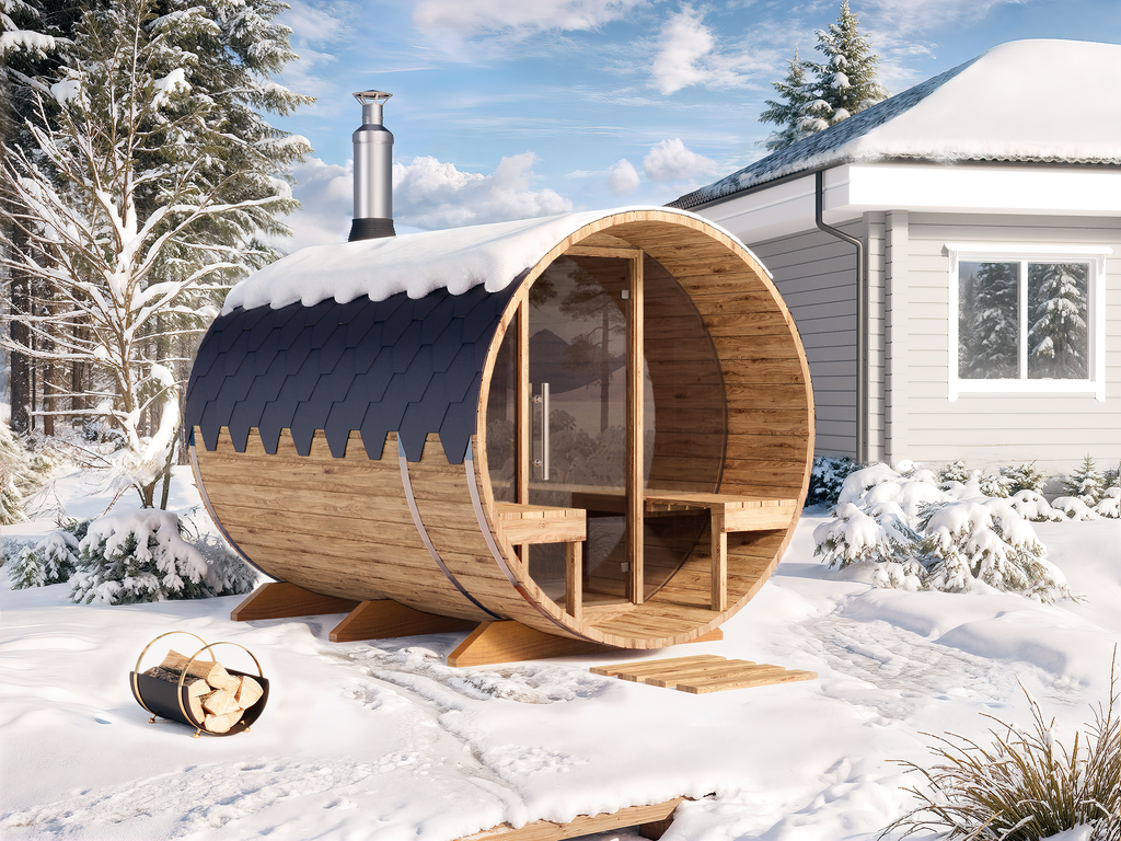 Outdoor Barrel Sauna - Ø2m/L2,8m - med udendørs siddepladser - 4 personer