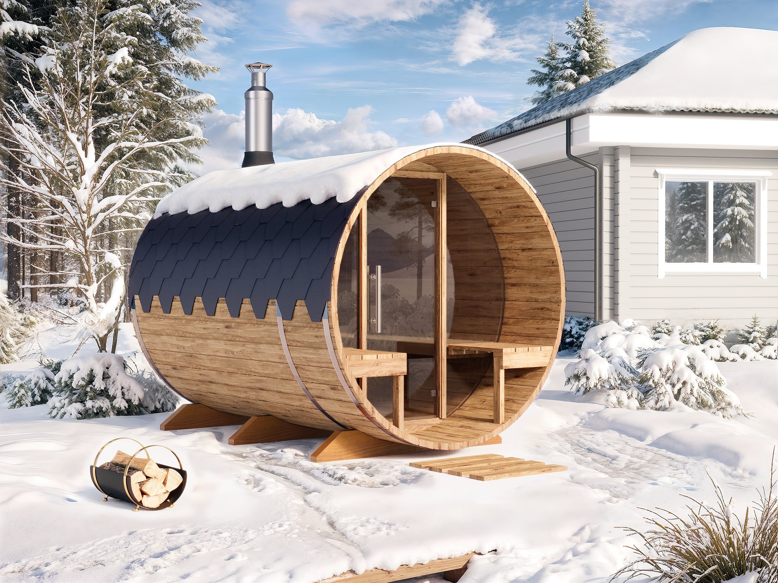 Outdoor Barrel Sauna - Ø2m/L2,8m - med udendørs siddepladser - 4 personer
