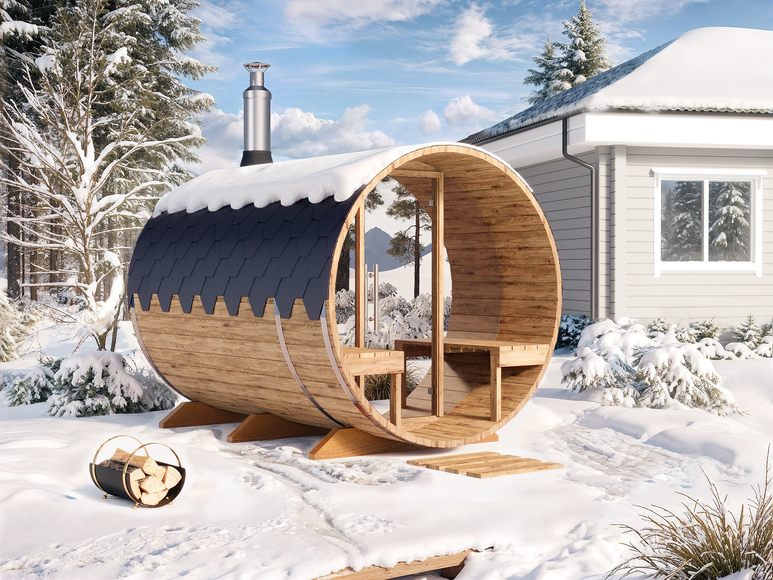 Outdoor Barrel Sauna - Ø2m/L2,8m - med udendørs siddepladser - 4 personer