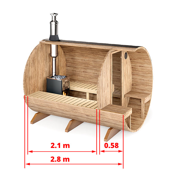 Outdoor Barrel Sauna - Ø2m/L2,8m - med udendørs siddepladser - 4 personer