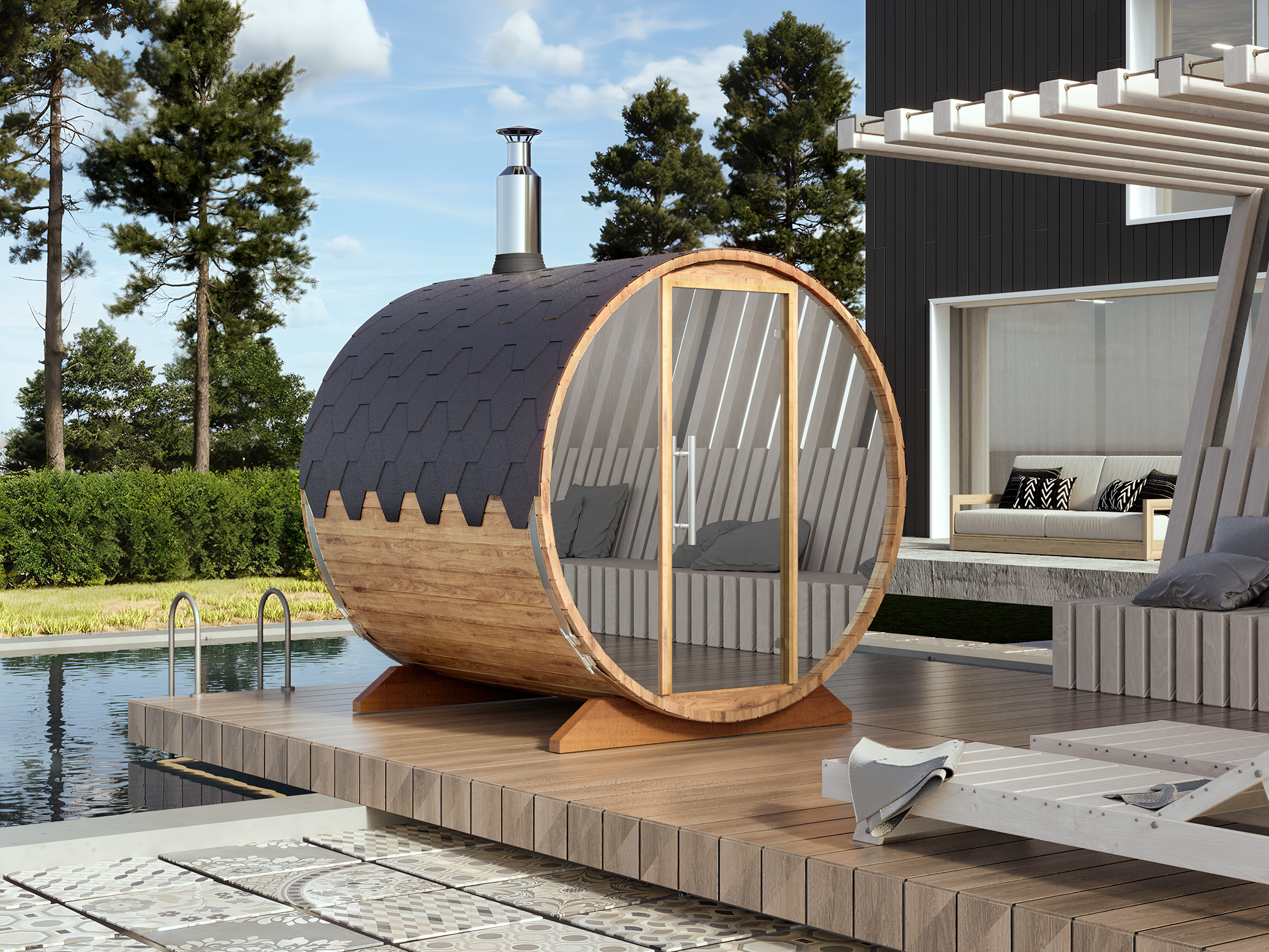 Outdoor Barrel Sauna - Ø2m/L2,3m - 4 personer