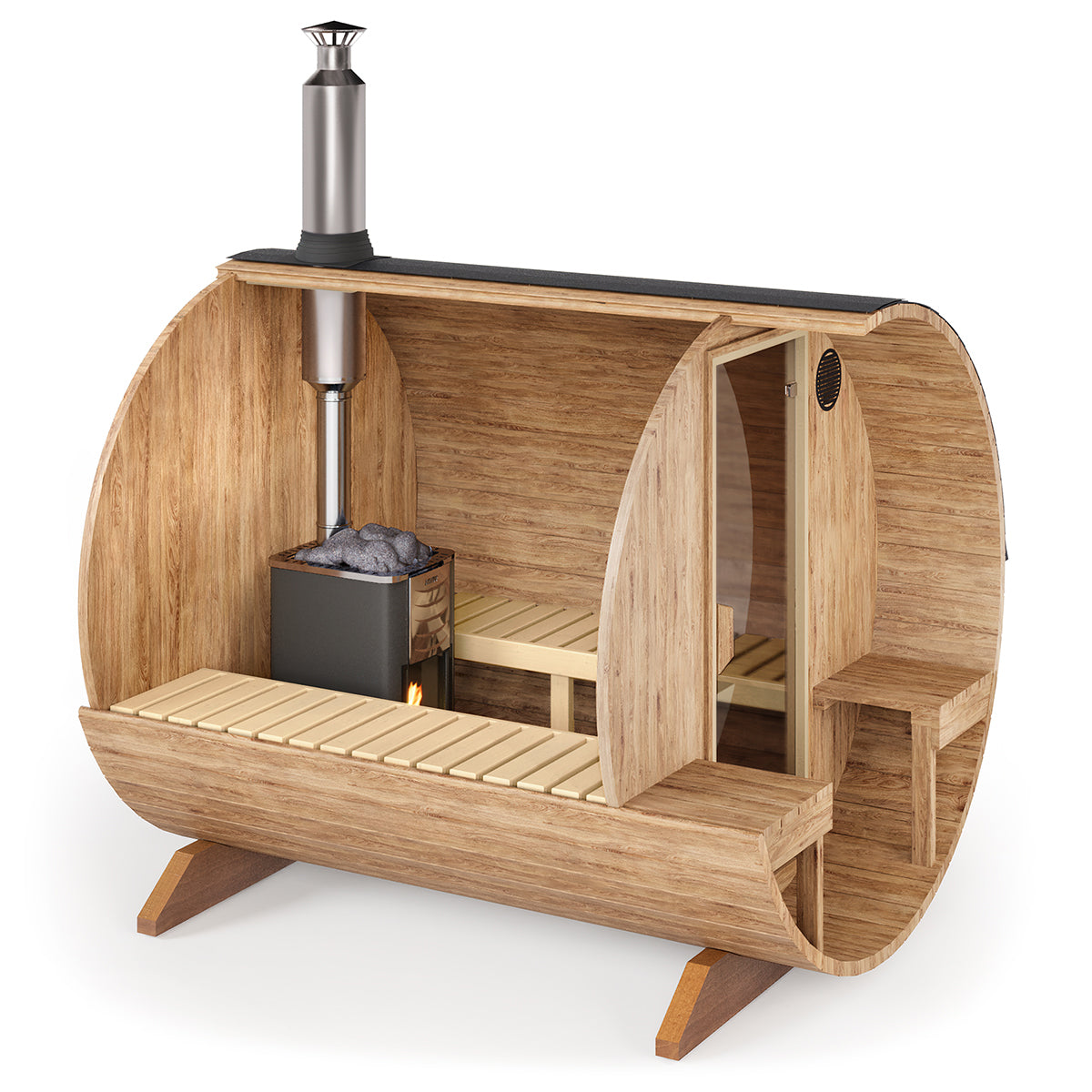 Outdoor Barrel Sauna - Ø2m/L2,4m - med udendørs siddepladser - 4 personer