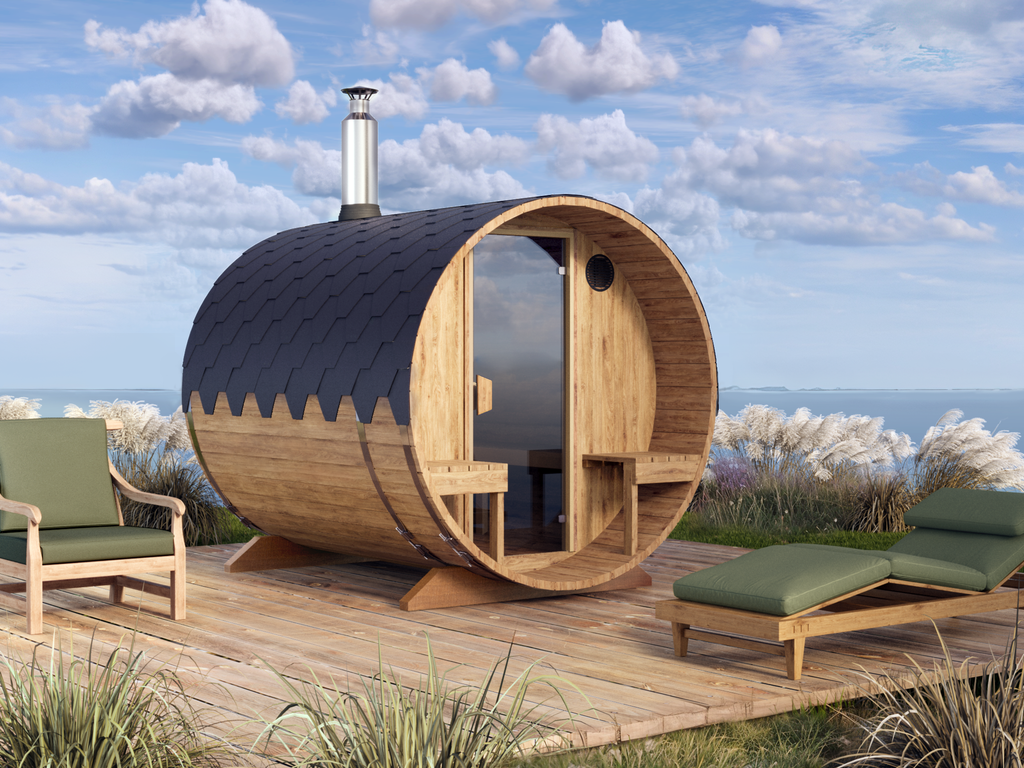 Outdoor Barrel Sauna - Ø2m/L2,4m - med udendørs siddepladser - 4 personer