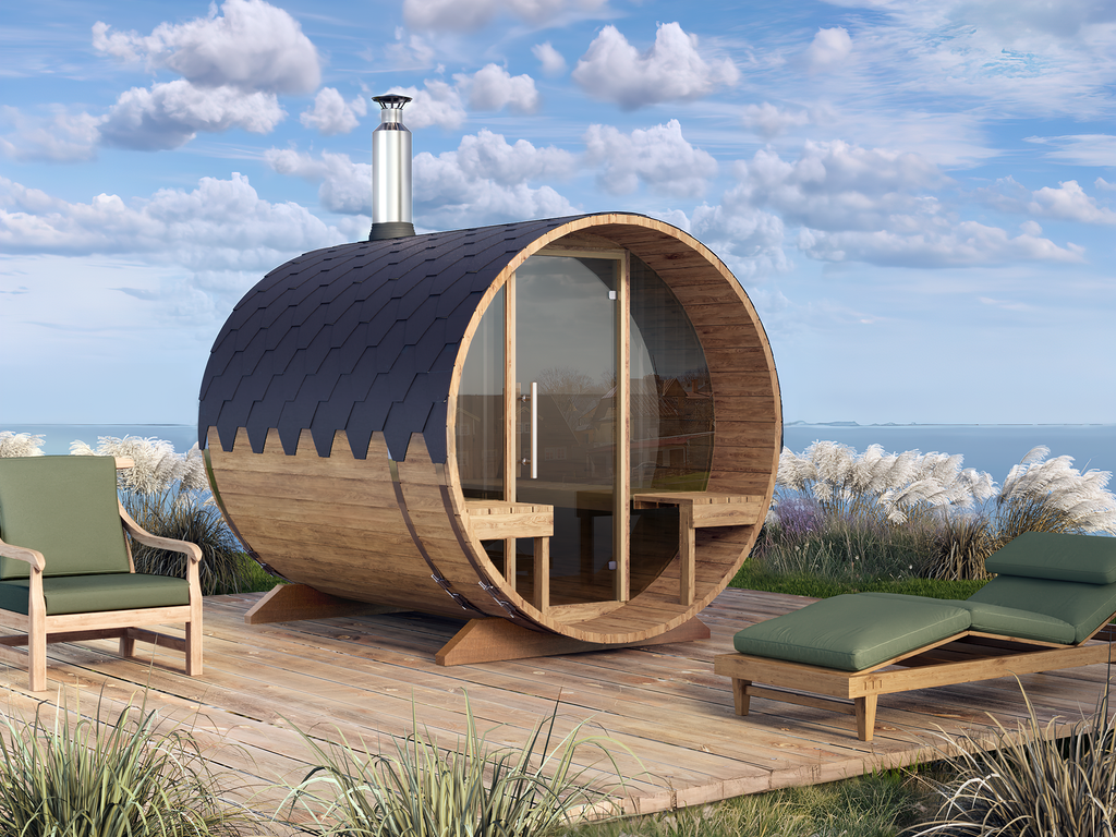 Outdoor Barrel Sauna - Ø2m/L2,4m - med udendørs siddepladser - 4 personer