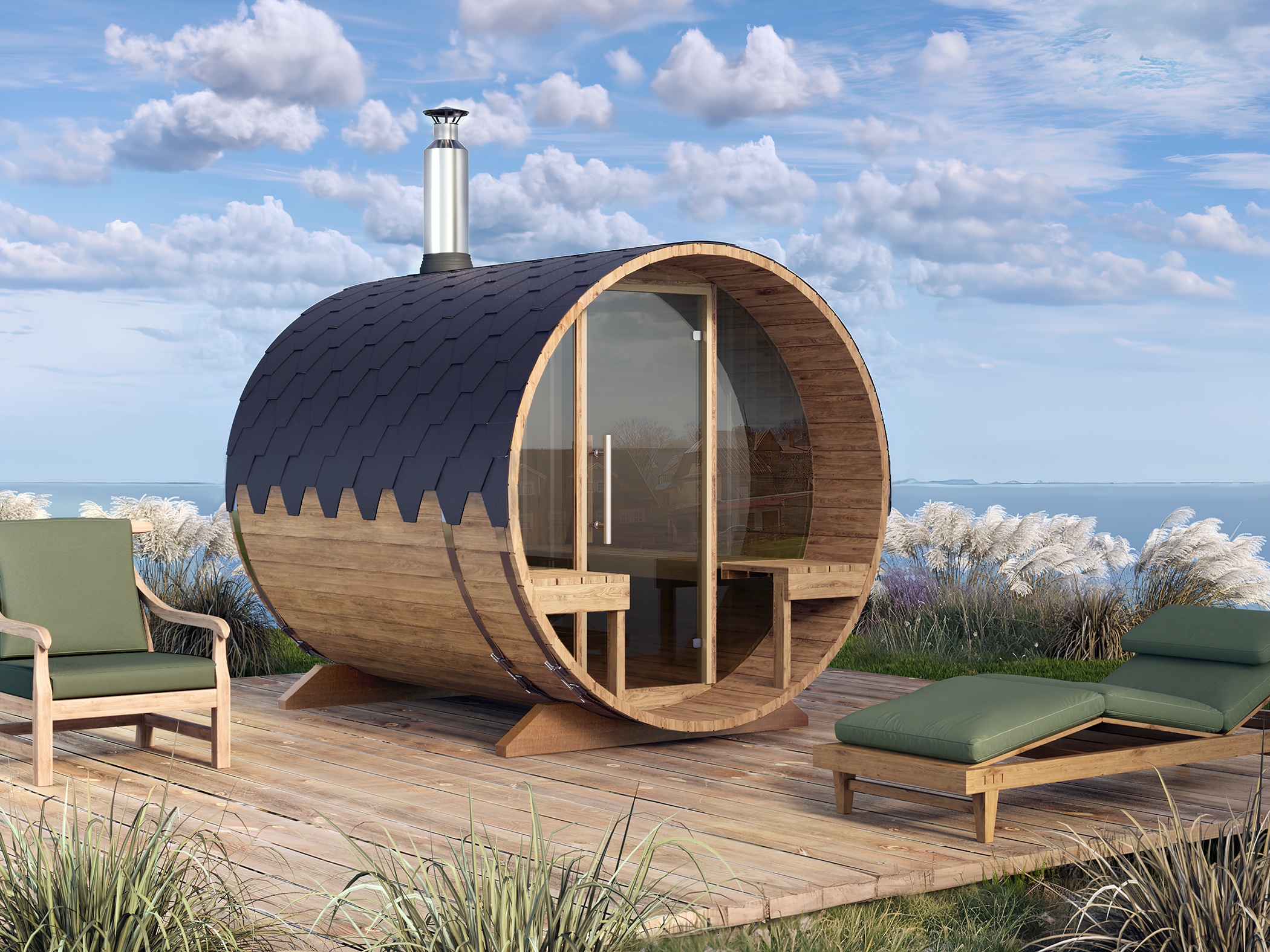 Outdoor Barrel Sauna - Ø2m/L2,4m - med udendørs siddepladser - 4 personer