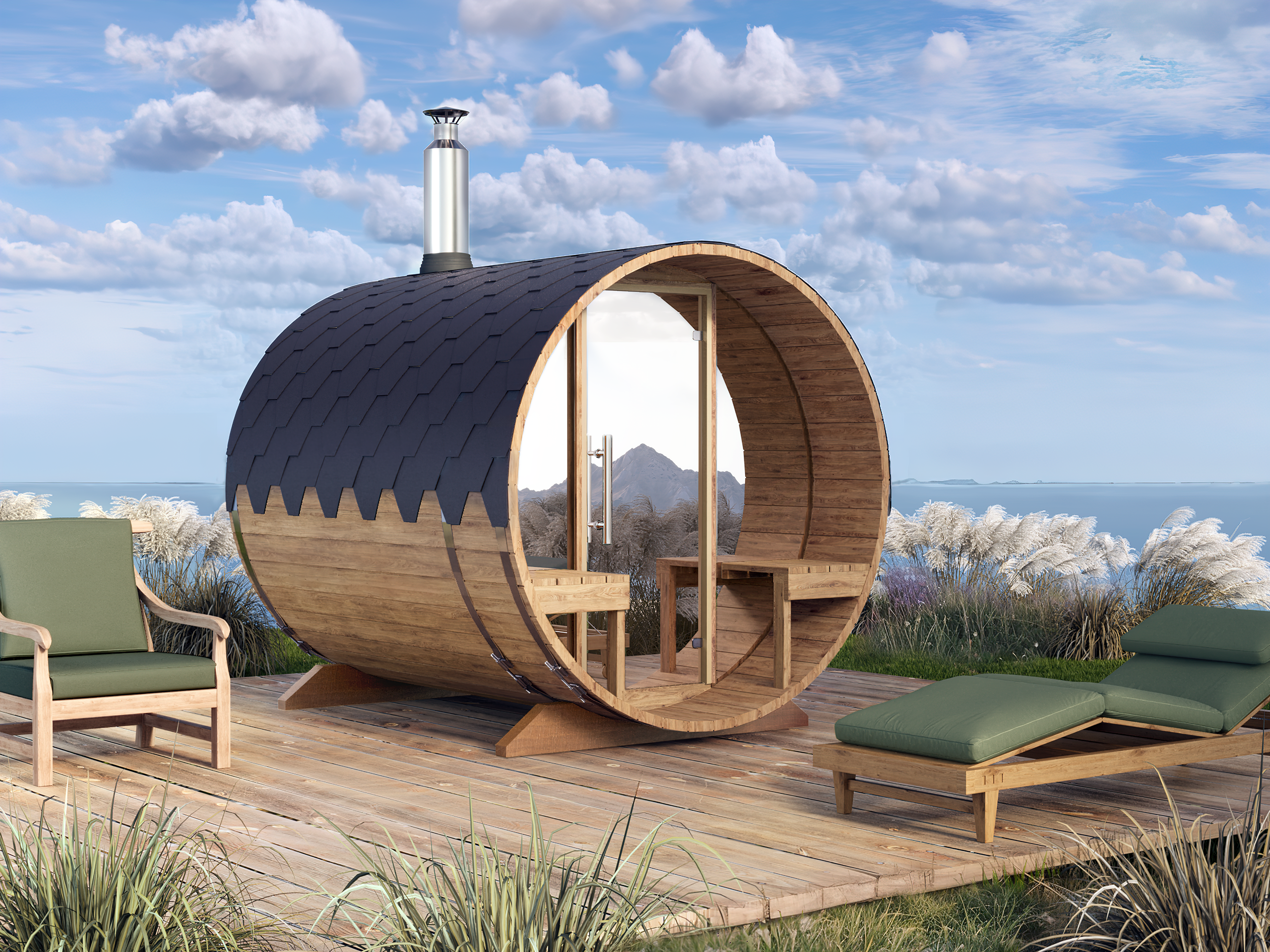 Outdoor Barrel Sauna - Ø2m/L2,4m - med udendørs siddepladser - 4 personer