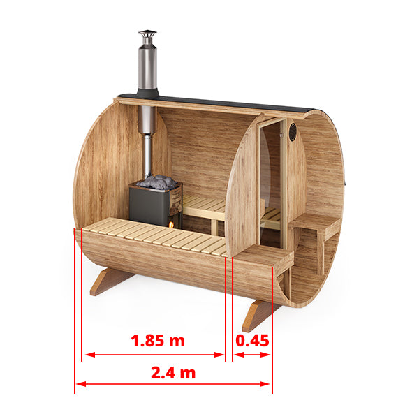 Outdoor Barrel Sauna - Ø2m/L2,4m - med udendørs siddepladser - 4 personer