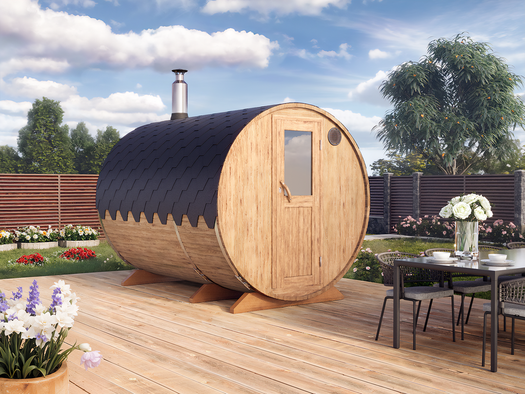 Outdoor Barrel Sauna - Ø2,2m/L3m - med omklædningsrum - 4 personer