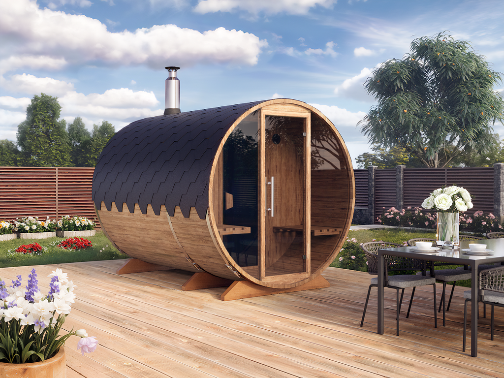 Outdoor Barrel Sauna - Ø2,2m/L3m - med omklædningsrum - 4 personer