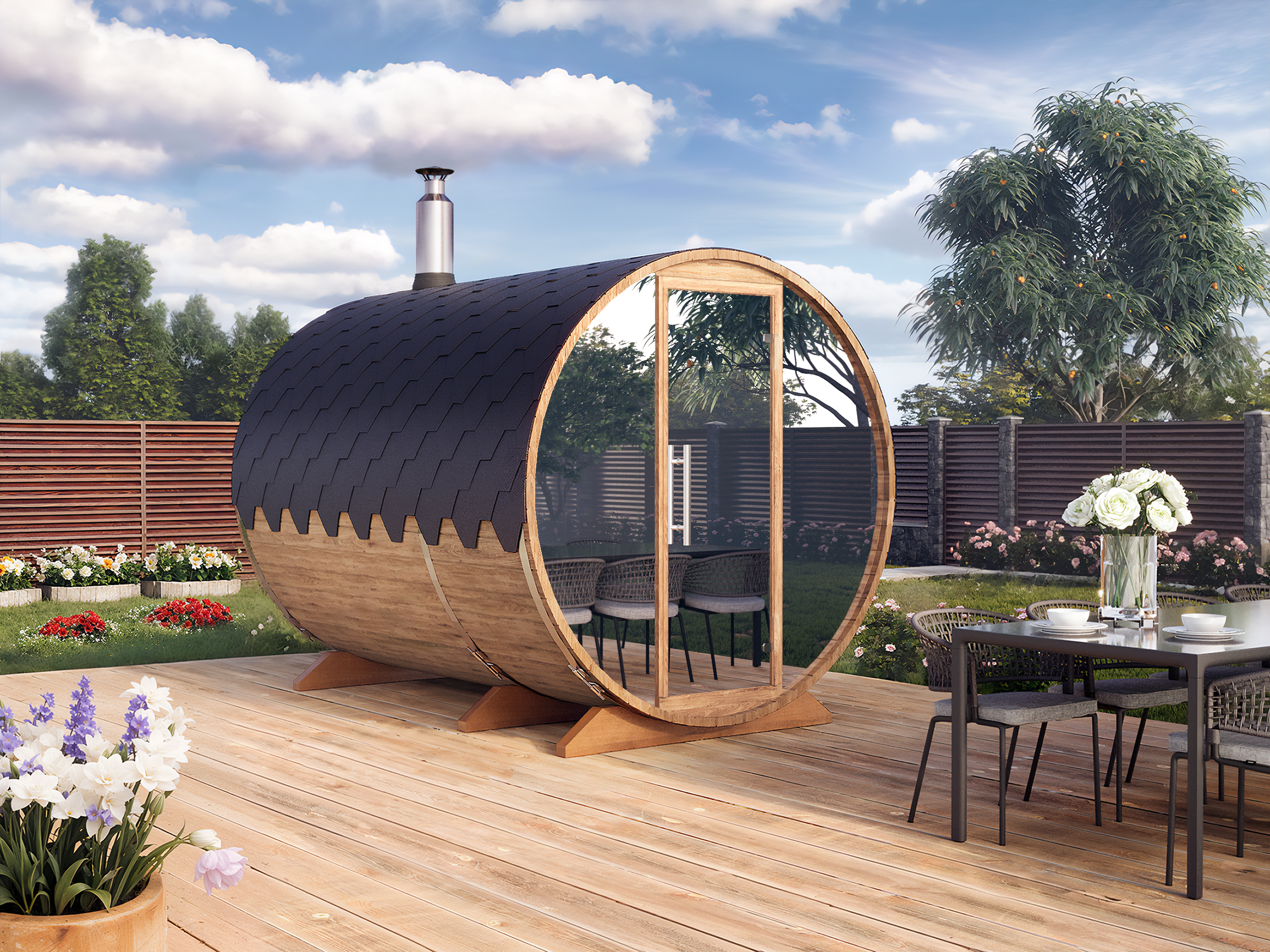Outdoor Barrel Sauna - Ø2,2m/L3m - med omklædningsrum - 4 personer