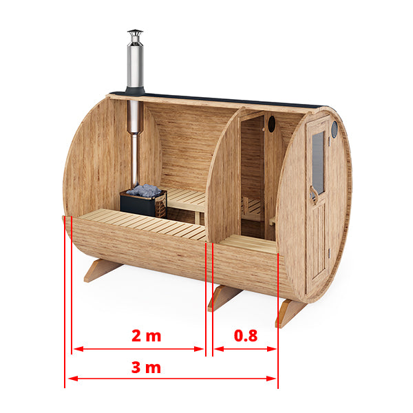 Outdoor Barrel Sauna - Ø2,2m/L3m - med omklædningsrum - 4 personer