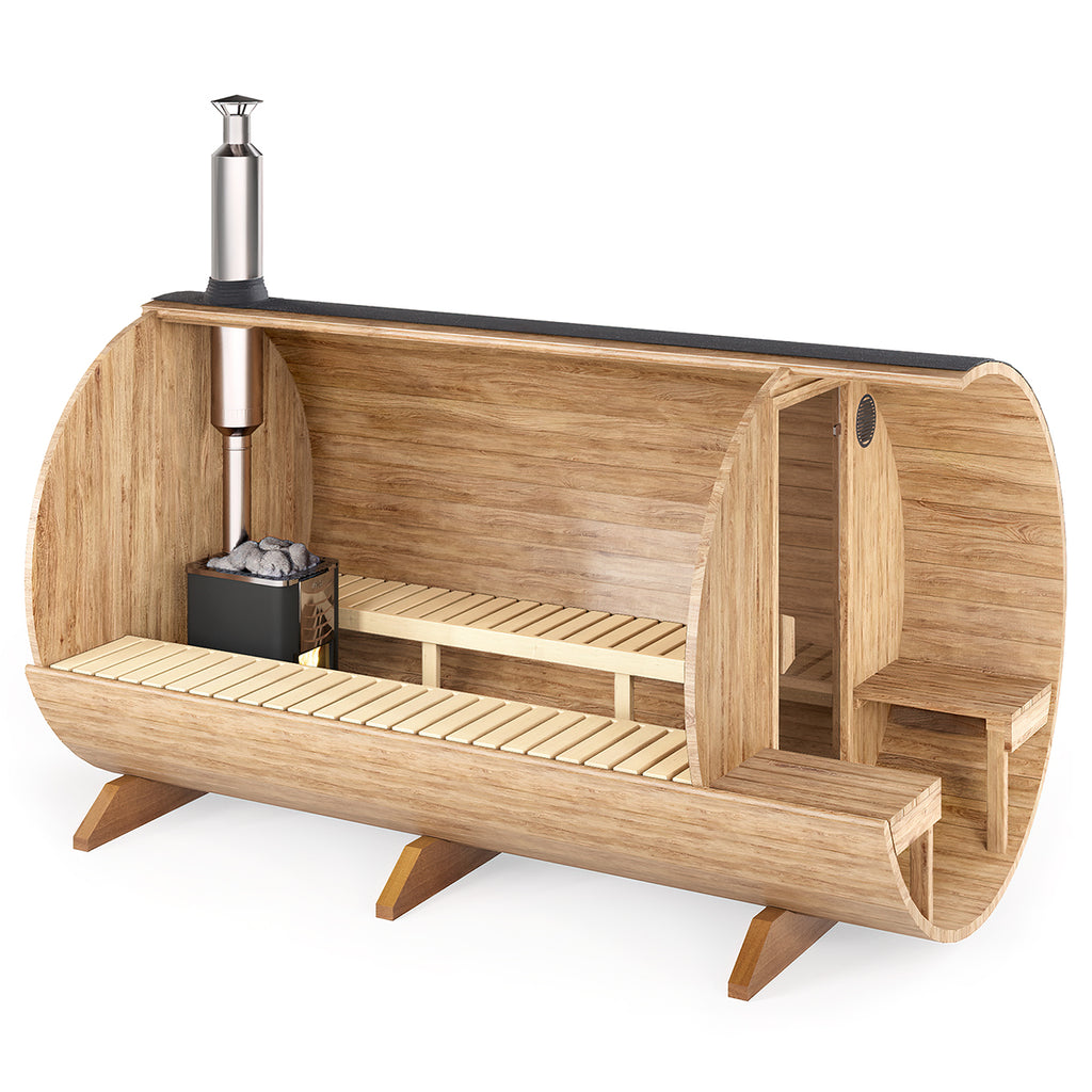 Outdoor Barrel Sauna - Ø2m/L3,6m - med udendørs siddepladser - 6 personer