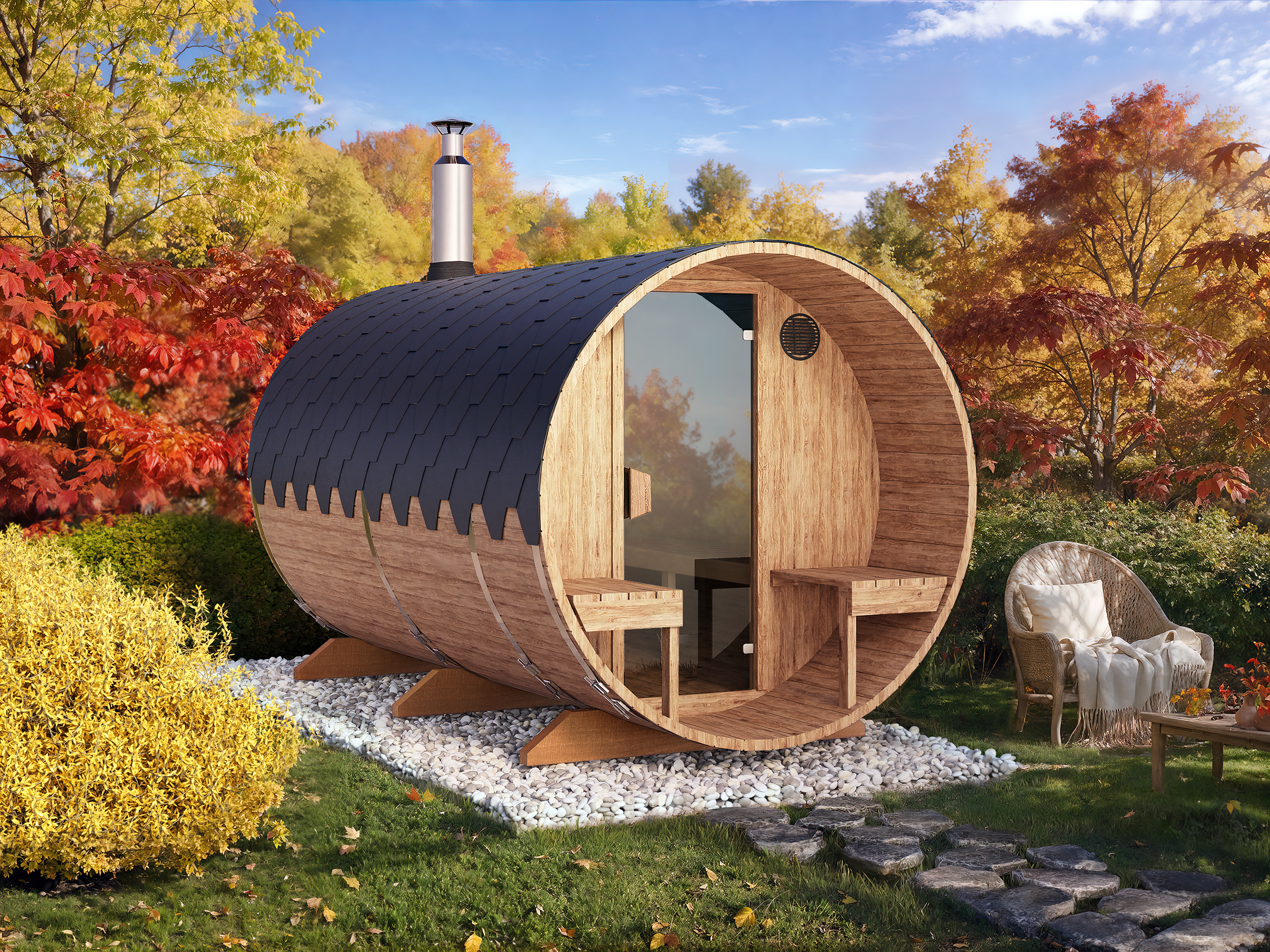 Outdoor Barrel Sauna - Ø2m/L3,6m - med udendørs siddepladser - 6 personer