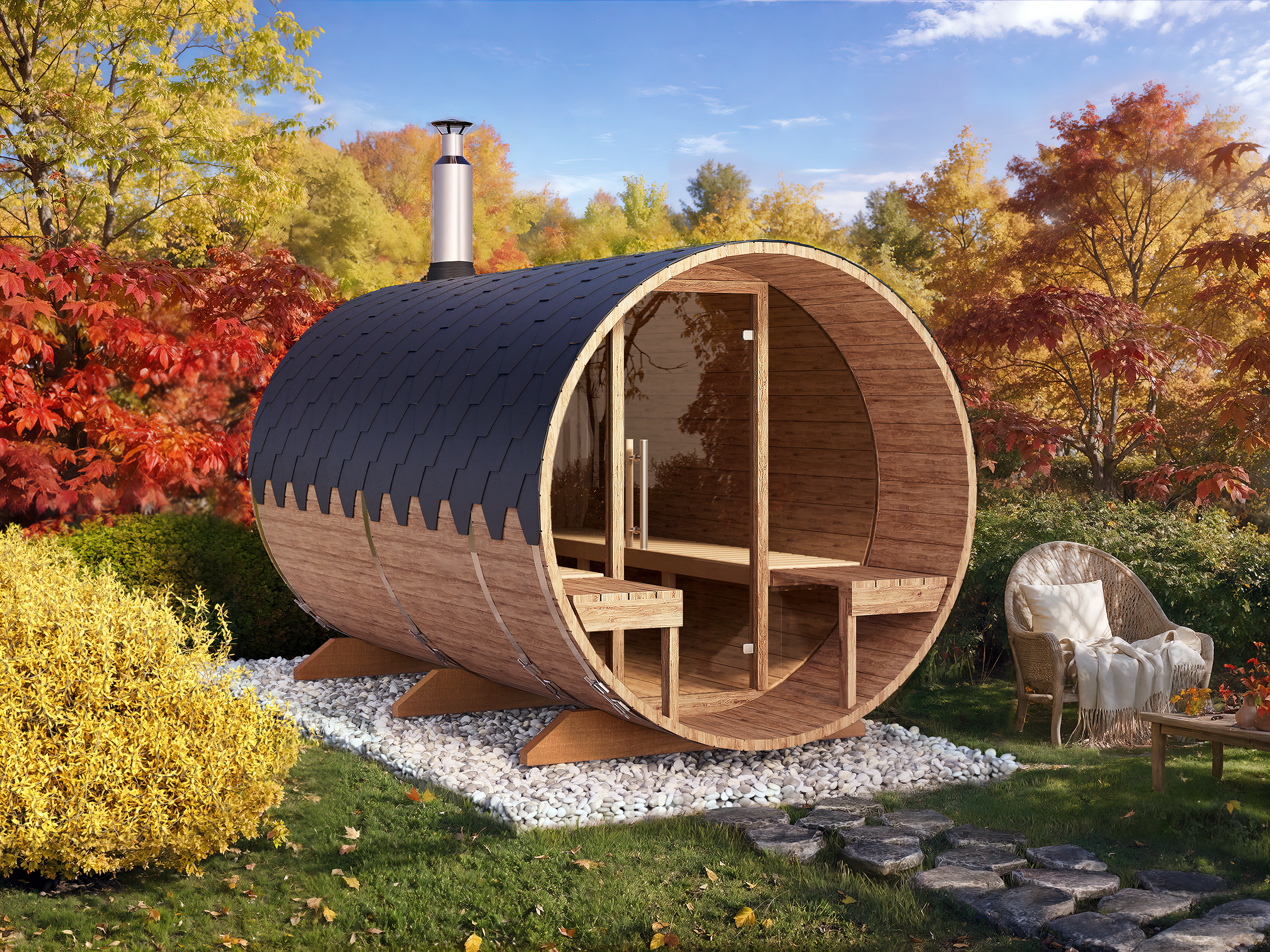 Outdoor Barrel Sauna - Ø2m/L3,6m - med udendørs siddepladser - 6 personer