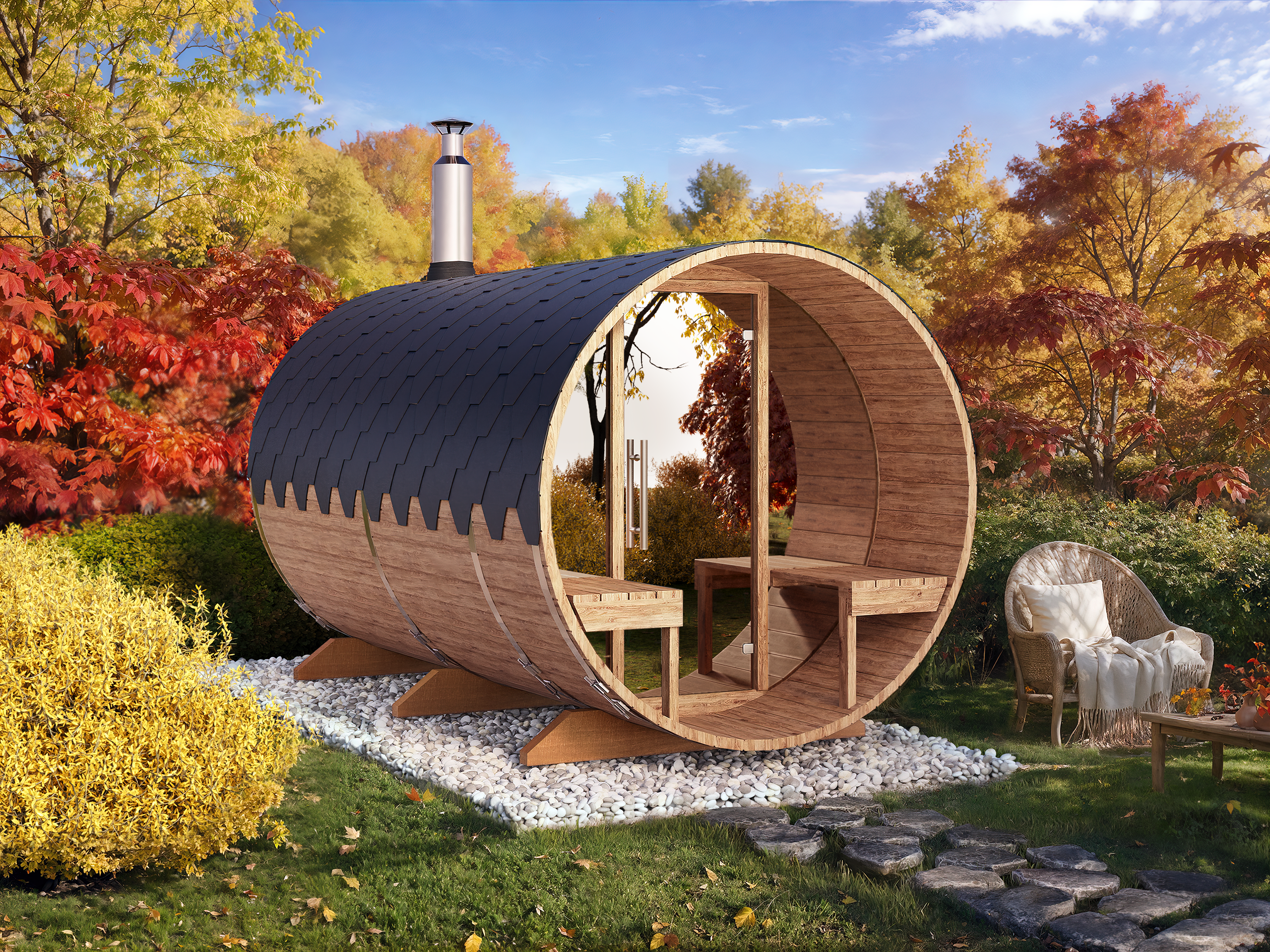 Outdoor Barrel Sauna - Ø2m/L3,6m - med udendørs siddepladser - 6 personer