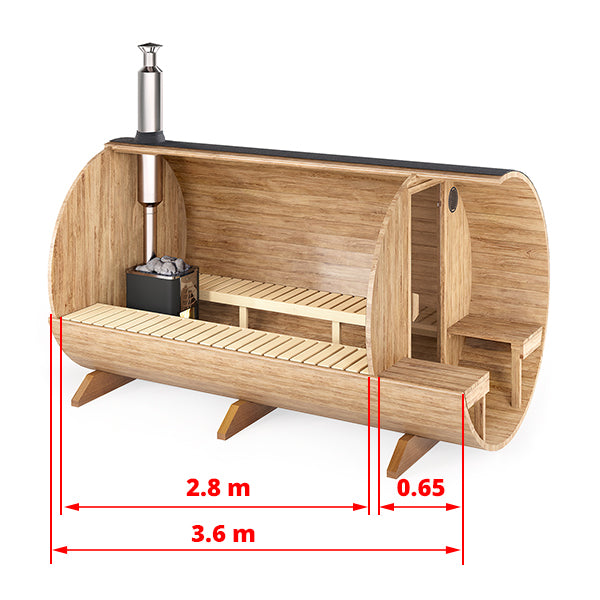 Outdoor Barrel Sauna - Ø2m/L3,6m - med udendørs siddepladser - 6 personer