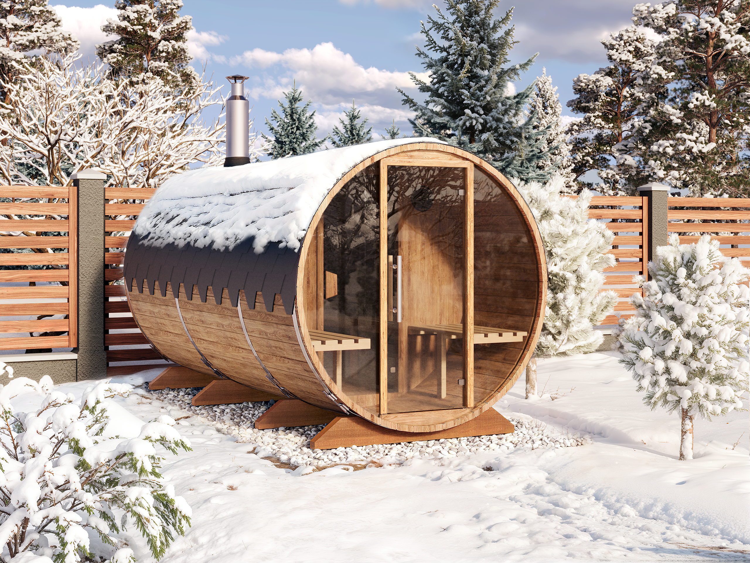 Outdoor Barrel Sauna - Ø2m/L4m - med omklædningsrum - 8 personer