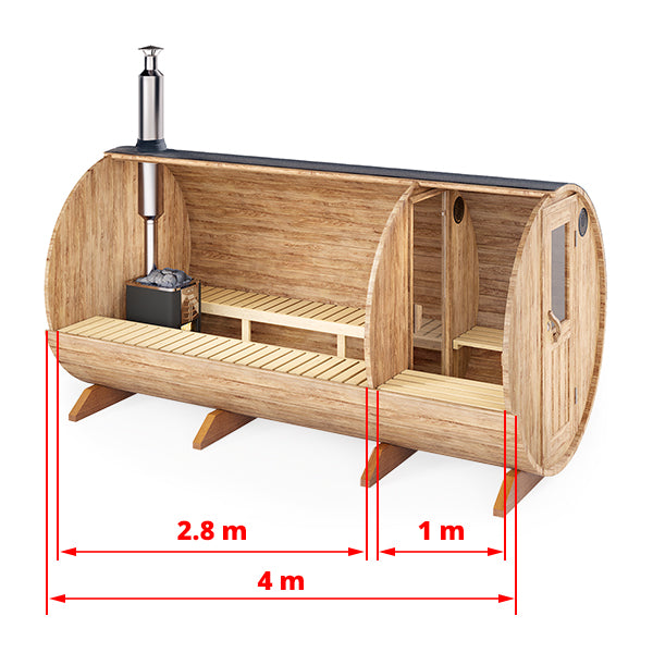 Outdoor Barrel Sauna - Ø2m/L4m - med omklædningsrum - 8 personer
