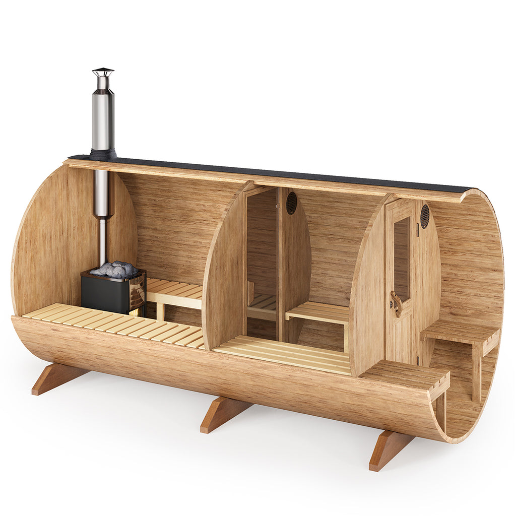 Outdoor Barrel Sauna - Ø2m/L4m - m. udendørs siddepladser og omklædningsrum - 4 personer
