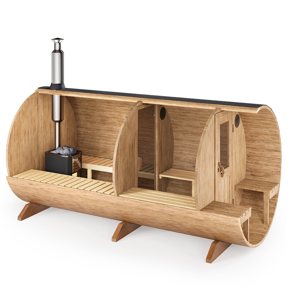 Outdoor Barrel Sauna - Ø2,2m/L4m - m. udendørs siddepladser og omklædningsrum - 4 personer