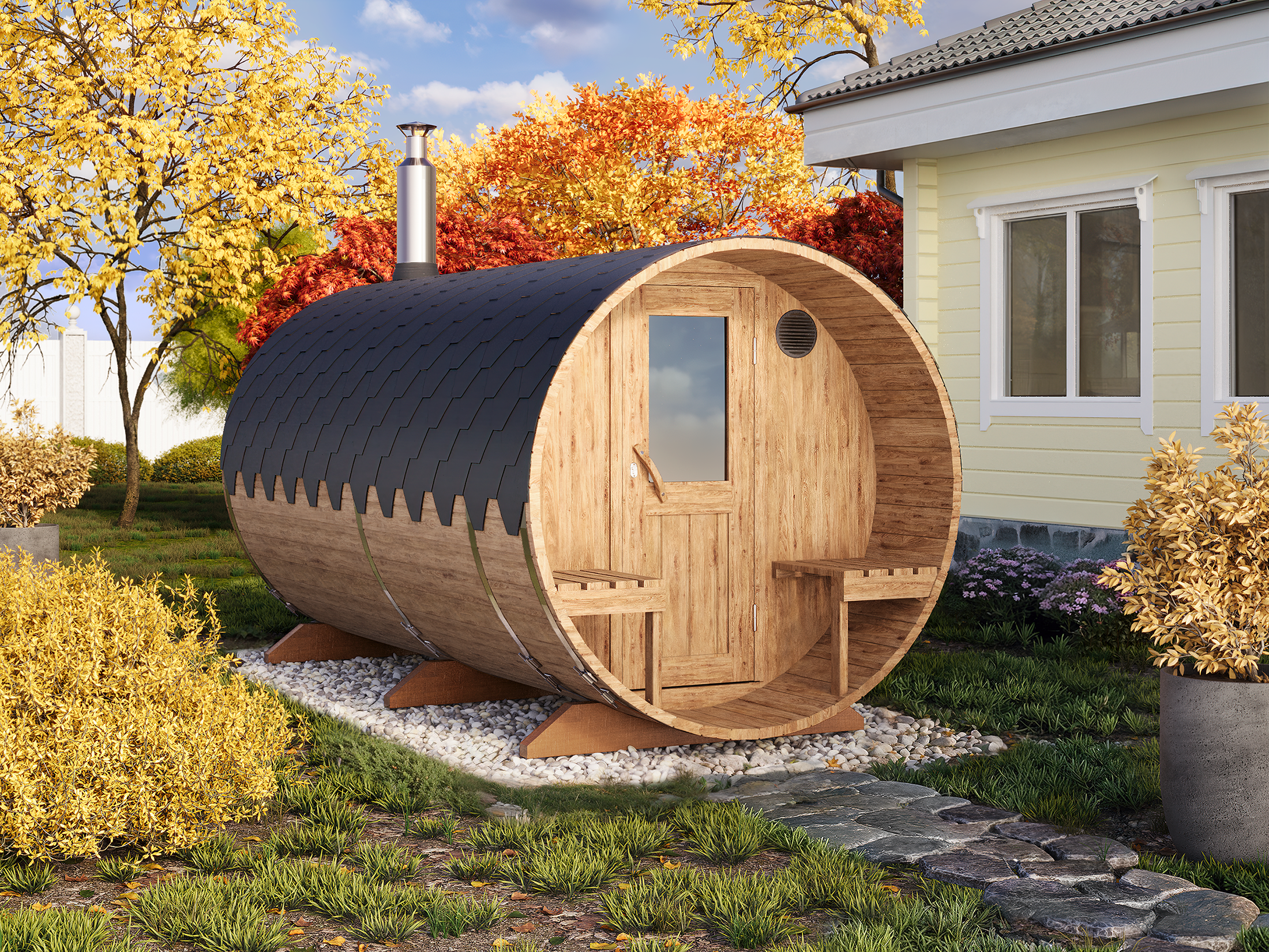 Outdoor Barrel Sauna - Ø2,2m/L4m - m. udendørs siddepladser og omklædningsrum - 4 personer