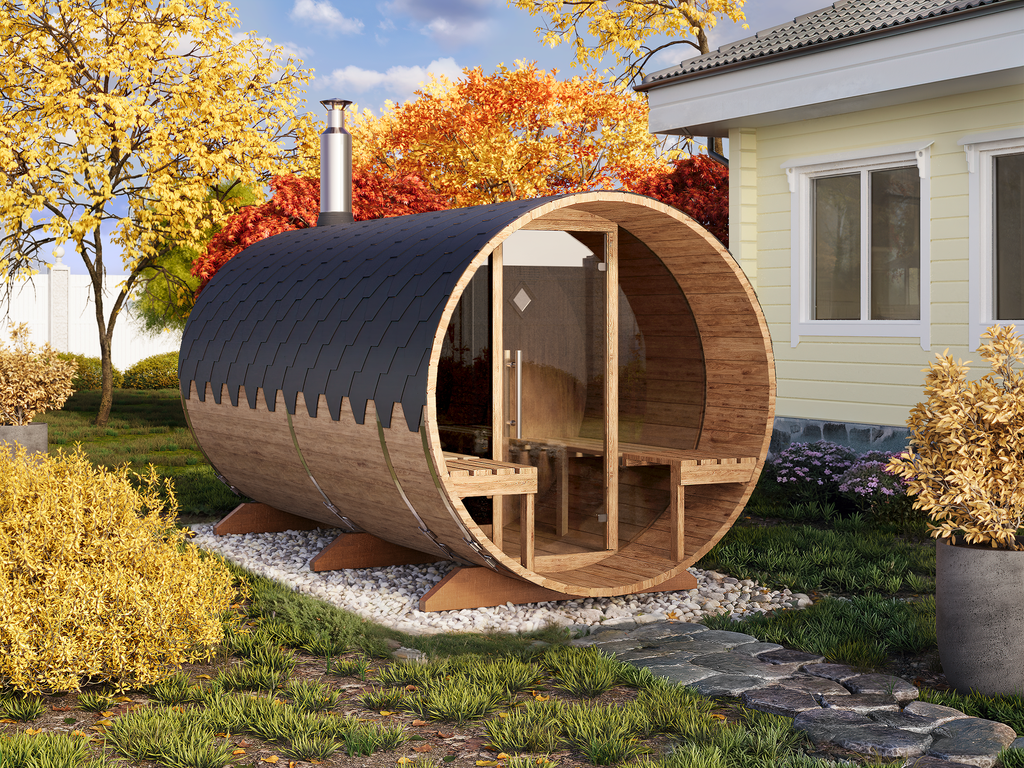 Outdoor Barrel Sauna - Ø2m/L4m - m. udendørs siddepladser og omklædningsrum - 4 personer
