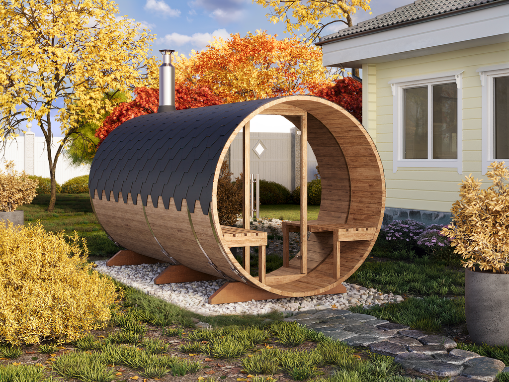 Outdoor Barrel Sauna - Ø2m/L4m - m. udendørs siddepladser og omklædningsrum - 4 personer