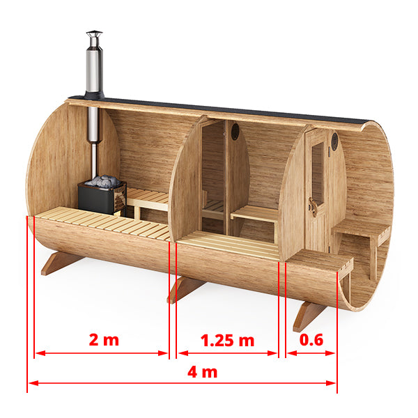 Outdoor Barrel Sauna - Ø2m/L4m - m. udendørs siddepladser og omklædningsrum - 4 personer
