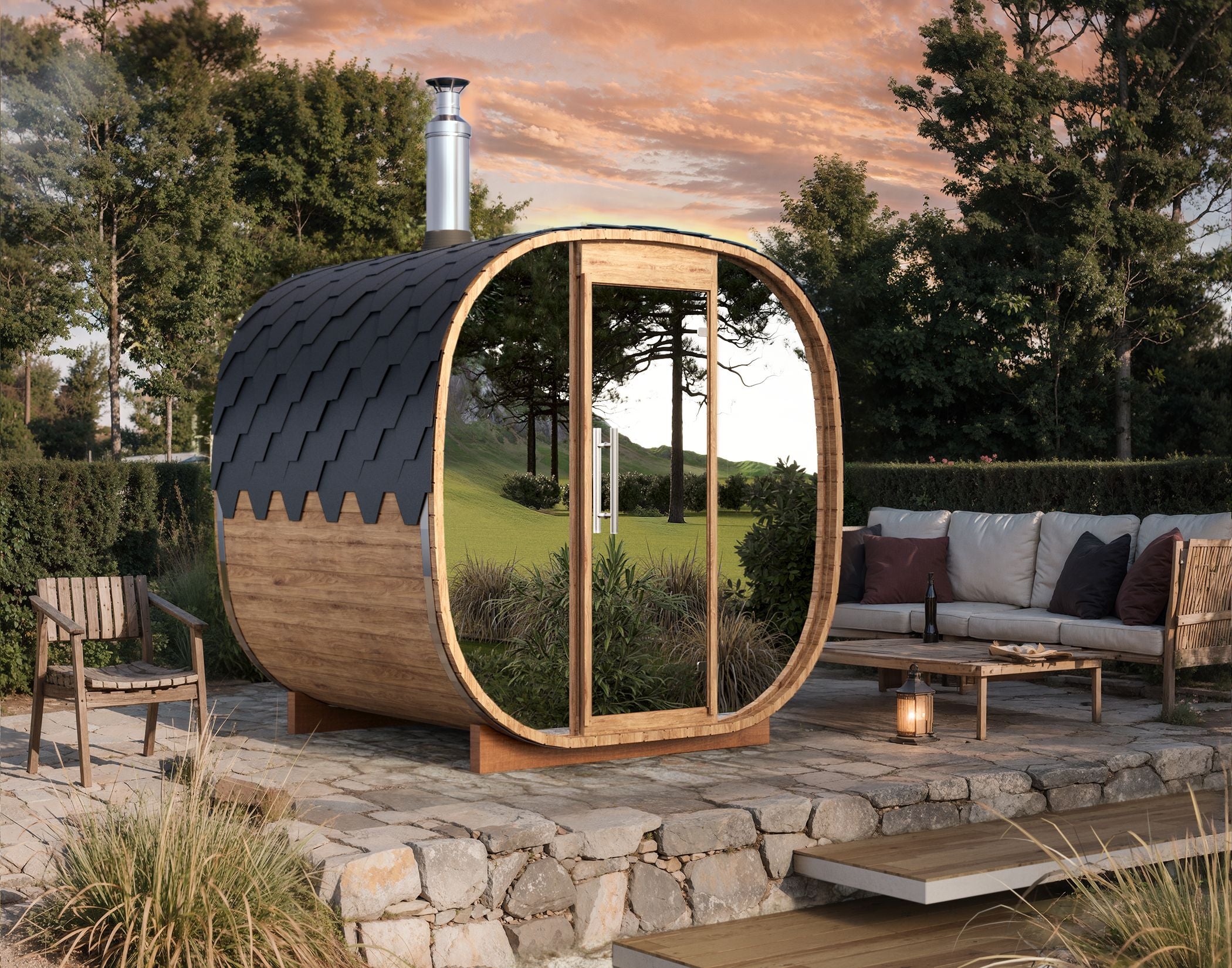 Outdoor Cube Barrel Sauna - Ø2,2m/L2,3m - 4 personer