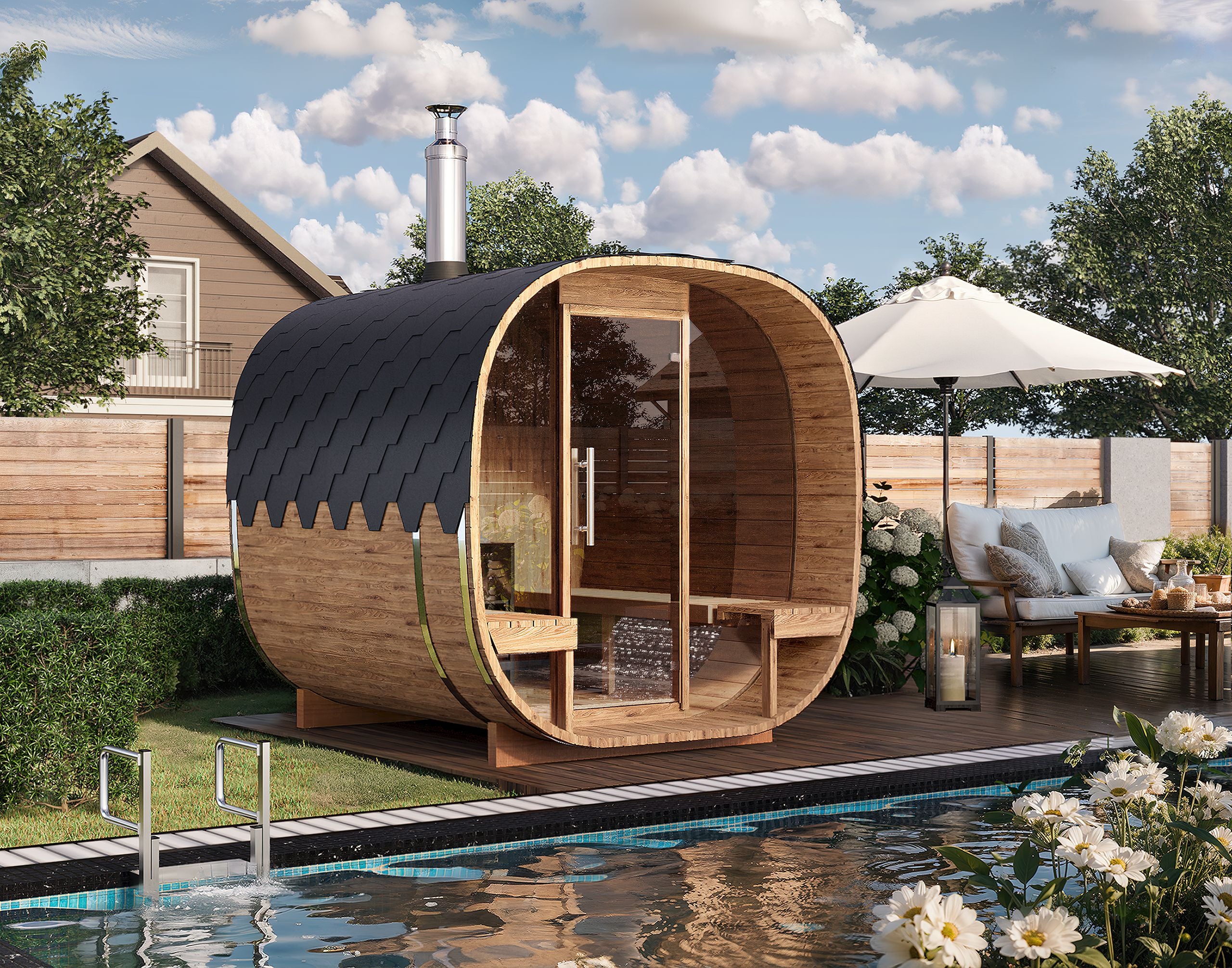Outdoor Cube Barrel Sauna - Ø2,2m/L2,4m - 4 personer