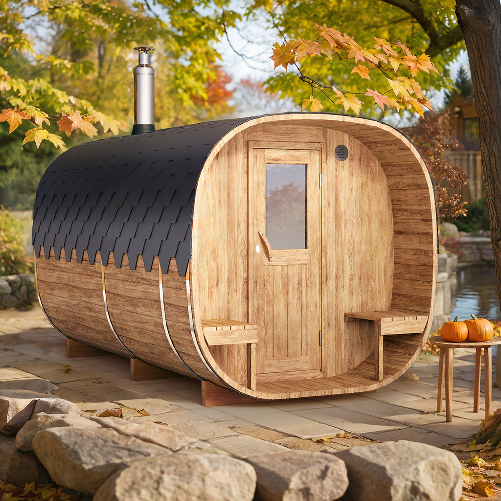 Outdoor Cube Barrel Sauna - Ø2,2m/L4m - m. udendørs siddepladser og omklædningsrum - 4 personer