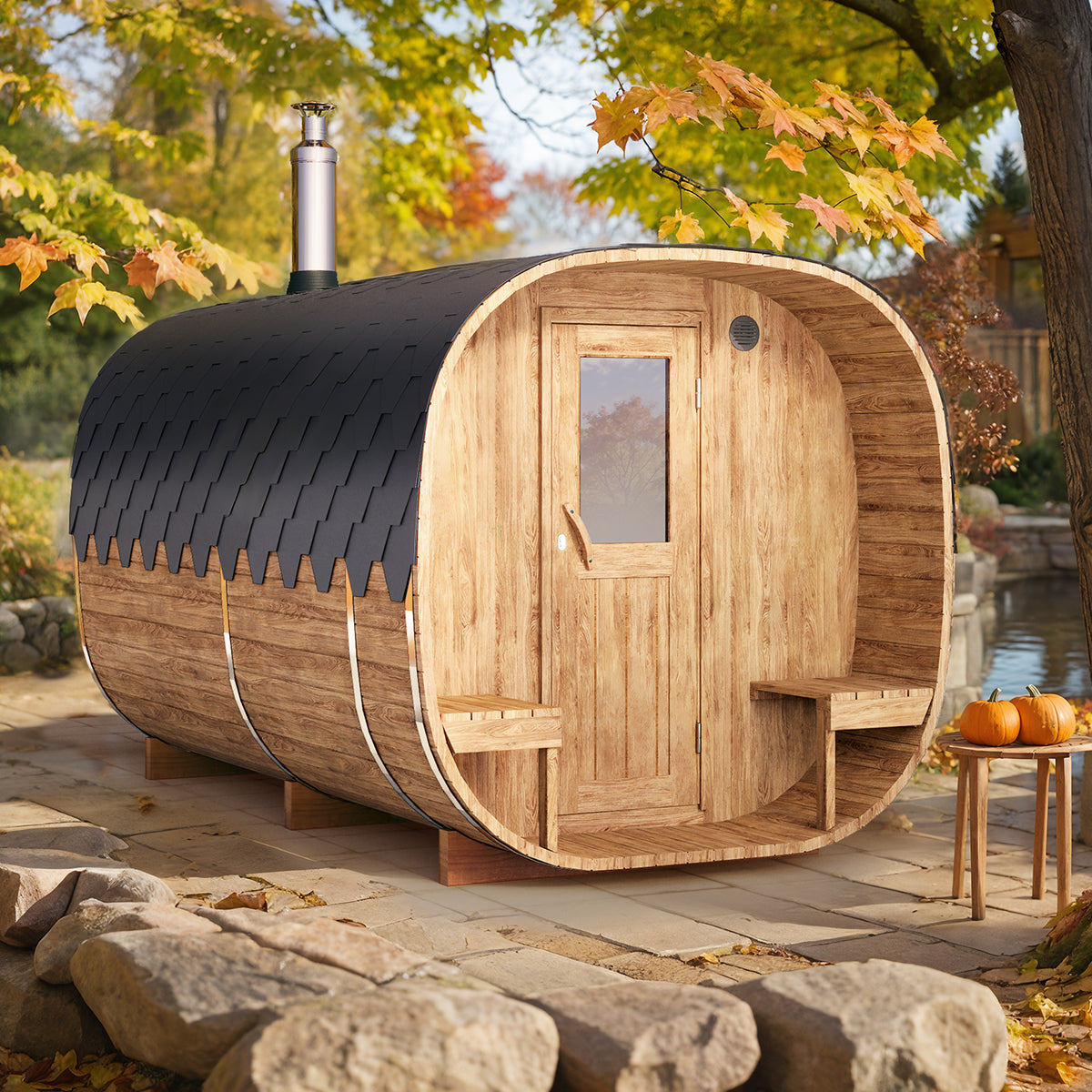 Outdoor Cube Barrel Sauna - Ø2,2m/L4m - m. udendørs siddepladser og omklædningsrum - 4 personer