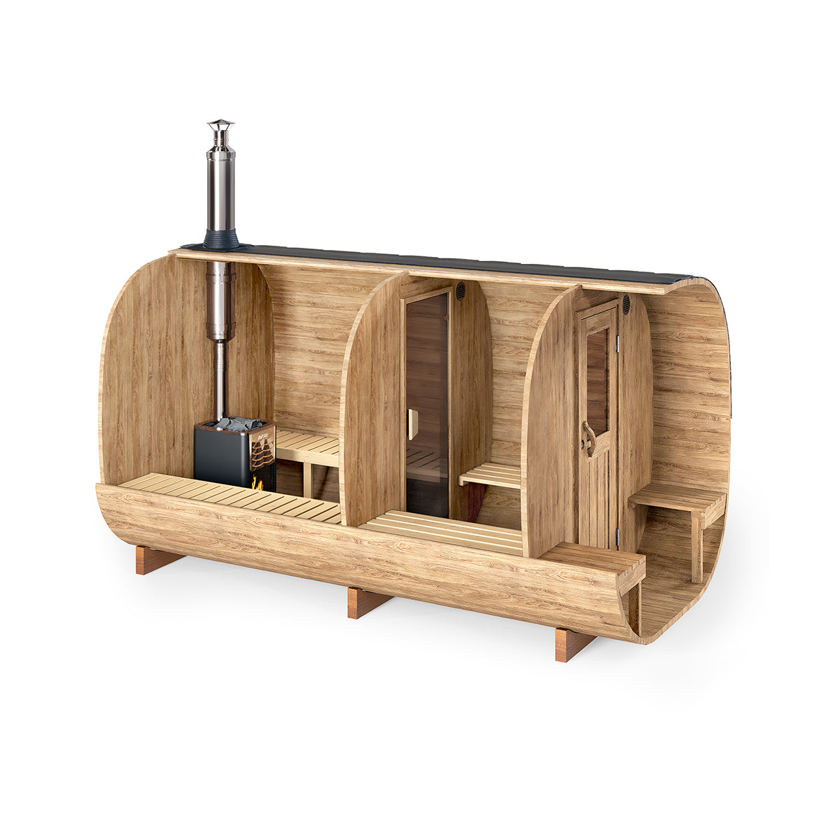 Outdoor Cube Barrel Sauna - Ø2,2m/L4m - m. udendørs siddepladser og omklædningsrum - 4 personer