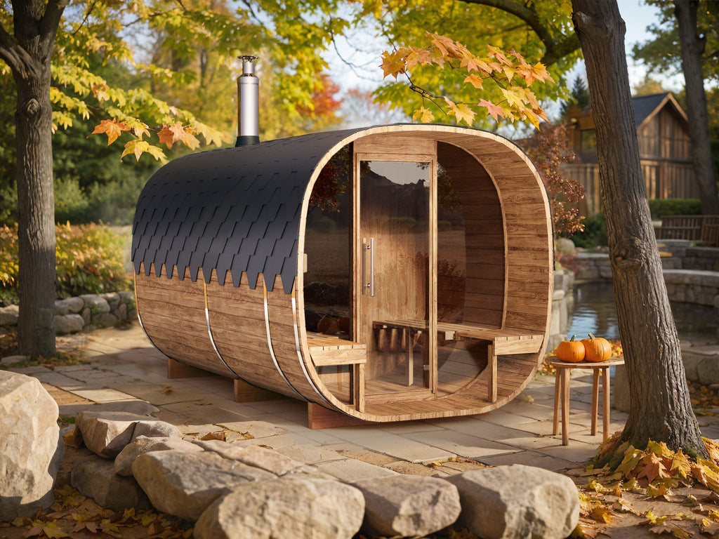 Outdoor Cube Barrel Sauna - Ø2,2m/L4m - m. udendørs siddepladser og omklædningsrum - 4 personer