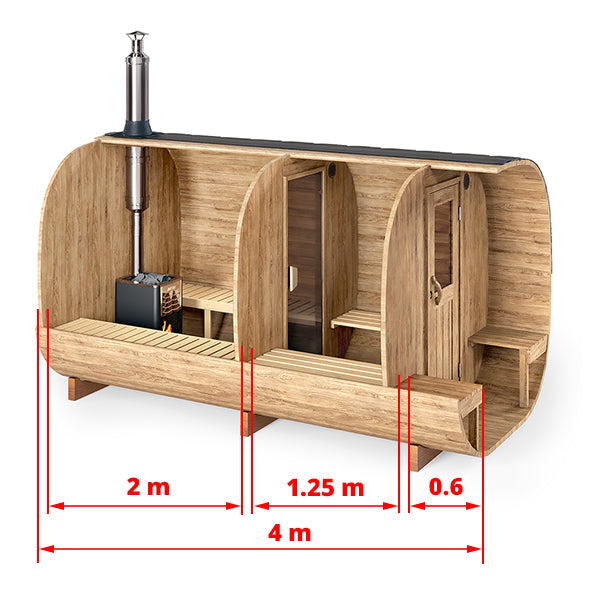 Outdoor Cube Barrel Sauna - Ø2,2m/L4m - m. udendørs siddepladser og omklædningsrum - 4 personer
