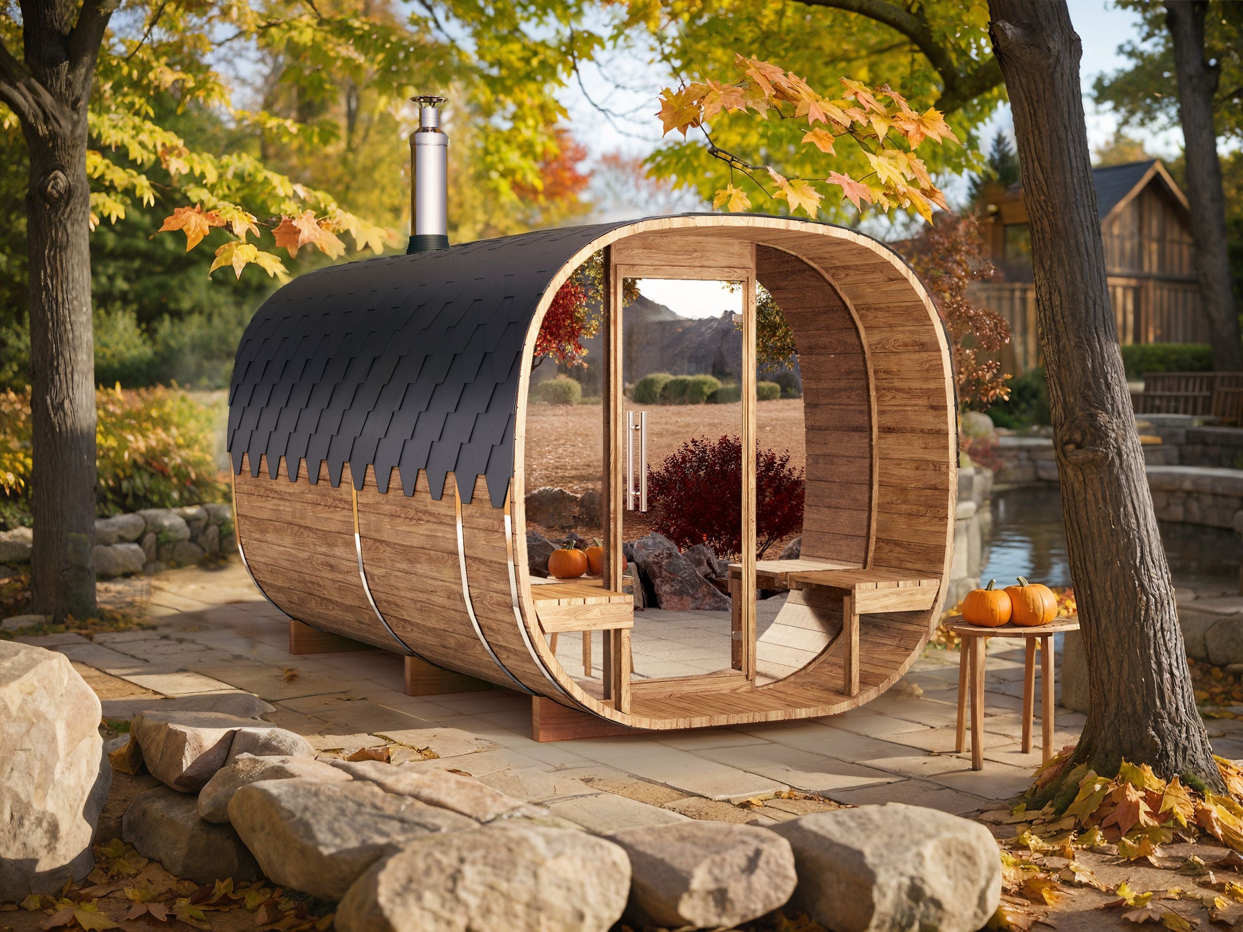 Outdoor Cube Barrel Sauna - Ø2,2m/L4m - m. udendørs siddepladser og omklædningsrum - 4 personer